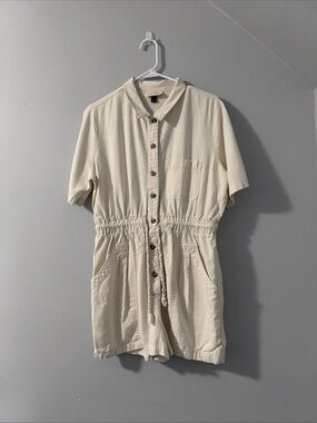 Linen Universal Thread Cream Button-Front Short Sleeve Boiler Suit Romper Medium